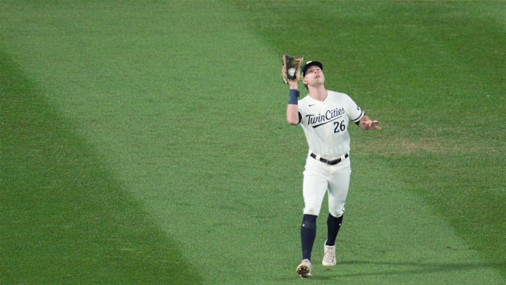 Oct 11, 2023; Minneapolis, Minnesota, USA; Minnesota Twins right fielder Max Kepler (26) makes catch Oct 11, 2023; Minneapolis, Minnesota, USA; Minnesota Twins right fielder Max Kepler (26) makes catch