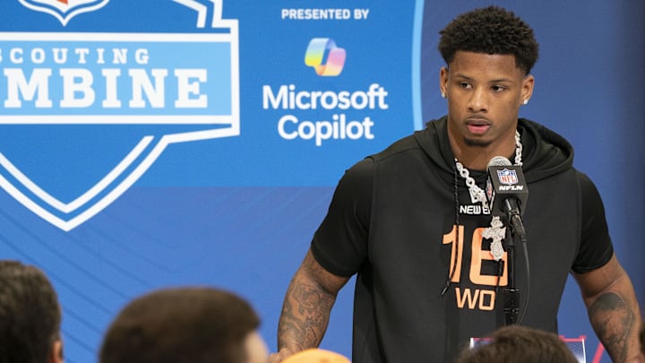 Texas wideout Matthew Golden speaks during a press conference at the 2025 NFL Combine.