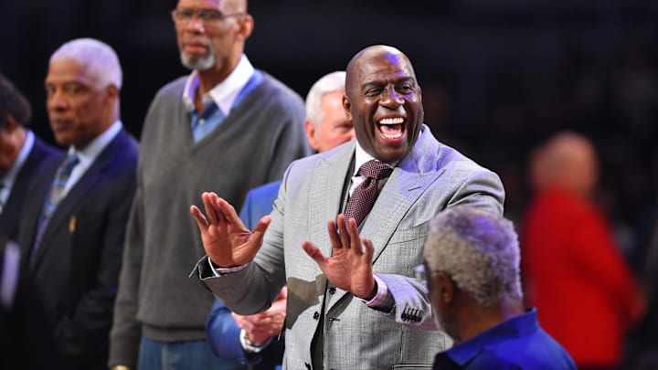 February 18, 2018; Los Angeles, CA, USA; Former Los Angeles Laker star Magic Johnson is recognized during the 2018 NBA All Star Game at Staples Center. Mandatory Credit: Bob Donnan-Imagn Images

