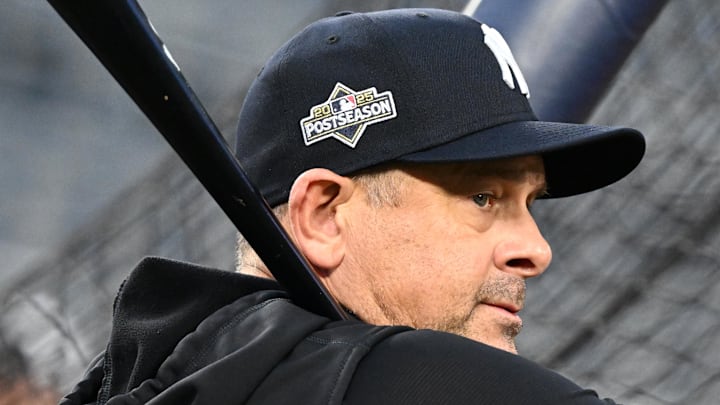 Oct 3, 2025; Toronto, Ontario, Canada;  New York Yankees manager Aaron Boone (17) watches his players during workouts at Rogers Centre. 