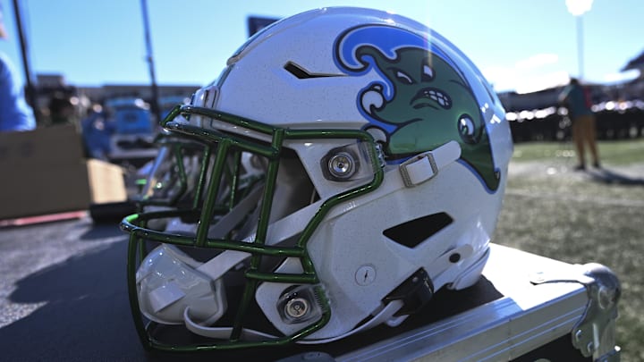 Nov 16, 2024; Annapolis, Maryland, USA; S detailed view of Tulane Green Wave helmet during the second half  against the Navy Midshipmen at Navy-Marine Corps Memorial Stadium. Mandatory Credit: Tommy Gilligan-Imagn Images