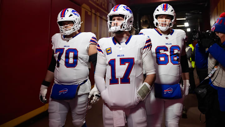 Buffalo Bills offensive tackle Alec Anderson, quarterback Josh Allen, and guard Connor McGovern against the Kansas City Chiefs.