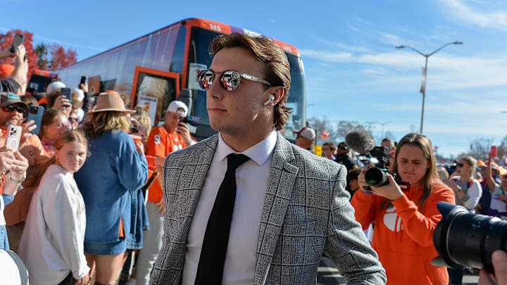 Nov 9, 2024; Blacksburg, Virginia, USA; Clemson Tigers quarterback Cade Klubnik (2) as he enters the stadium before the game against the Virginia Tech Hokies at Lane Stadium. 