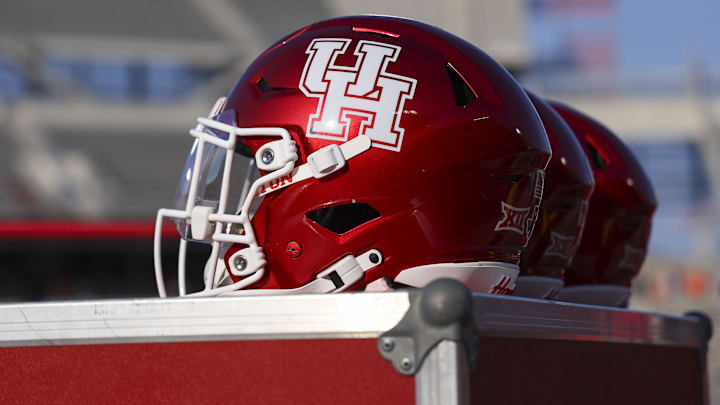Aug 28, 2025; Houston, Texas, USA; General view of Houston Cougars helmets on the sideline before the game against the Stephen F. Austin Lumberjacks at TDECU Stadium. Mandatory Credit: Troy Taormina-Imagn Images
