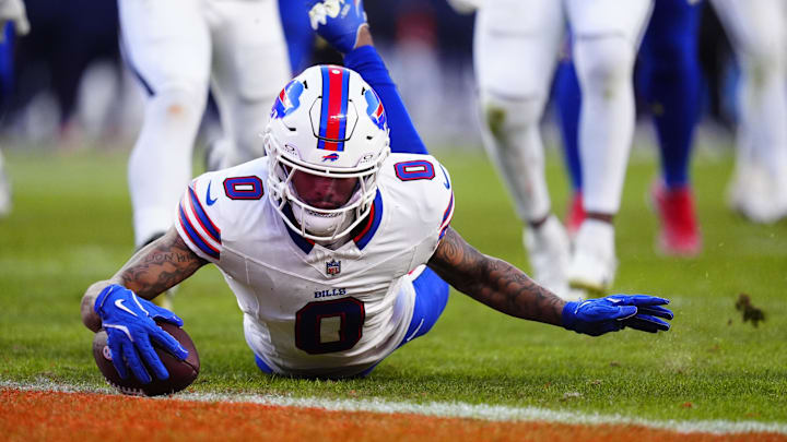 Buffalo Bills wide receiver Keon Coleman (0) scores a touchdown during the third quarter of an AFC Divisional Round playoff game against the Denver Broncos at Empower Field at Mile High. Buffalo Bills wide receiver Keon Coleman (0) scores a touchdown during the third quarter of an AFC Divisional Round playoff game against the Denver Broncos at Empower Field at Mile High.