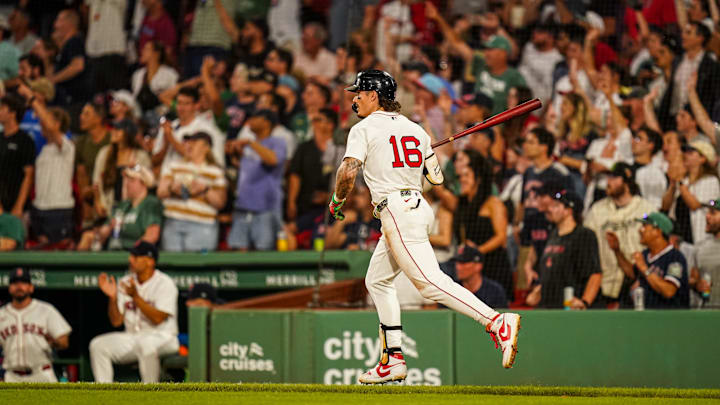 Jul 8, 2025; Boston, Massachusetts, USA; Boston Red Sox outfielder Jarren Duran (16) hits a home run against the Colorado Rockies in the seventh inning at Fenway Park. Mandatory Credit: David Butler II-Imagn Images Jul 8, 2025; Boston, Massachusetts, USA; Boston Red Sox outfielder Jarren Duran (16) hits a home run against the Colorado Rockies in the seventh inning at Fenway Park. Mandatory Credit: David Butler II-Imagn Images