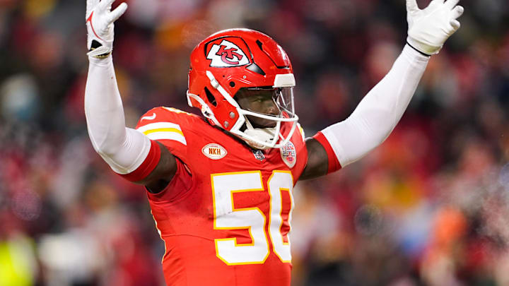 Kansas City Chiefs linebacker Willie Gay (50) celebrates during the second half of a 2024 AFC wild card game against the Miami Dolphins at GEHA Field at Arrowhead Stadium.