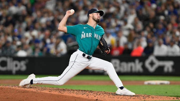 Seattle Mariners reliever Matt Brash throws during a game against the Los Angeles Dodgers on Sept. 16, 2023, at T-Mobile Park. Seattle Mariners reliever Matt Brash throws during a game against the Los Angeles Dodgers on Sept. 16, 2023, at T-Mobile Park.