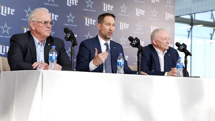 Dallas Cowboys CEO Stephen Jones, head coach Brian Schottenheimer and owner Jerry Jones talk to the media at a press conference at the Star. 