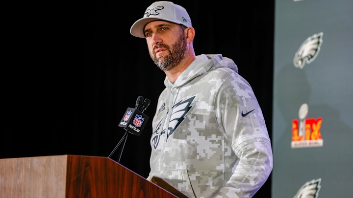Philadelphia Eagles head coach Nick Sirianni during a press conference in advance of Super Bowl LIX at New Orleans Marriott.