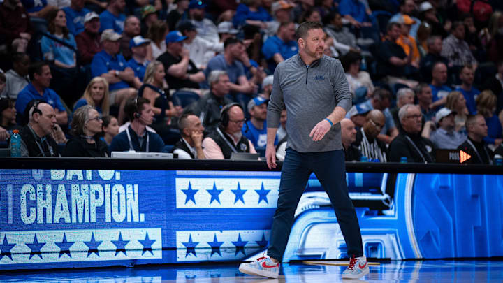 Mississippi Rebels head coach Chris Beard works the sideline against Texas A&M during their second round game of the SEC Men's Basketball Tournament at Bridgestone Arena in Nashville, Tenn., Thursday, March 14, 2024.
