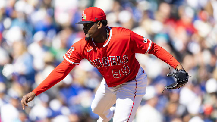 Feb 21, 2026; Tempe, Arizona, USA; Los Angeles Angels pitcher Jose Soriano against the Los Angeles Dodgers during a spring training game at Tempe Diablo Stadium. Mandatory Credit: Mark J. Rebilas-Imagn Images Feb 21, 2026; Tempe, Arizona, USA; Los Angeles Angels pitcher Jose Soriano against the Los Angeles Dodgers during a spring training game at Tempe Diablo Stadium. Mandatory Credit: Mark J. Rebilas-Imagn Images