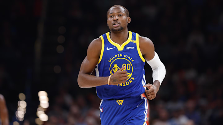 Oklahoma City, Oklahoma, USA; Golden State Warriors forward Jonathan Kuminga (00) runs down the court against the Oklahoma City Thunder during the second quarter at Paycom Center. Mandatory Credit: Alonzo Adams-Imagn Images