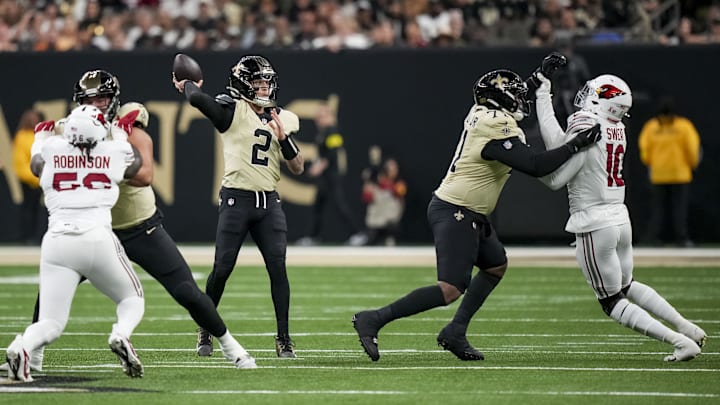 Sep 7, 2025; New Orleans, Louisiana, USA; New Orleans Saints quarterback Spencer Rattler (2) makes a pass during the second quarter at Caesars Superdome. Mandatory Credit: Matthew Hinton-Imagn Images
