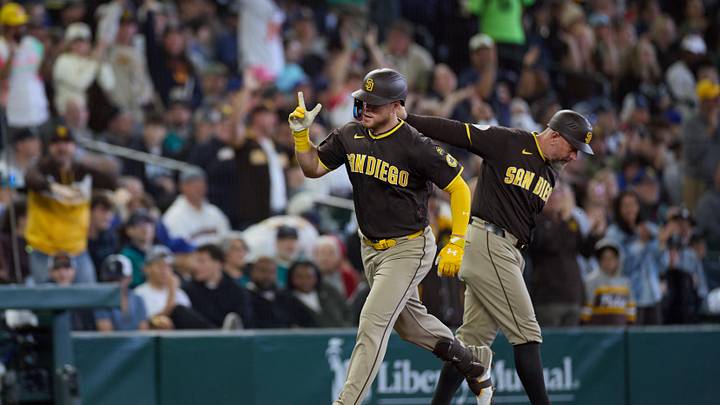 May 16, 2026; Seattle, Washington, USA; San Diego Padres first baseman Gavin Sheets (30) runs to the bases after hitting a home run in the second inning at T-Mobile Park. Mandatory Credit: Richard Dizon-Imagn Images