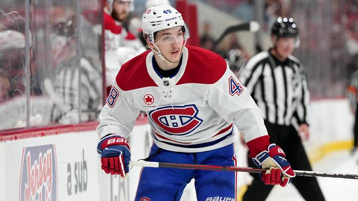 May 29, 2026; Raleigh, North Carolina, USA; Montreal Canadiens defenseman Lane Hutson (48) skates against the Carolina Hurricanes in game five of the Eastern Conference Final of the 2026 Stanley Cup Playoffs during the first period at Lenovo Center. Mandatory Credit: James Guillory-Imagn Images