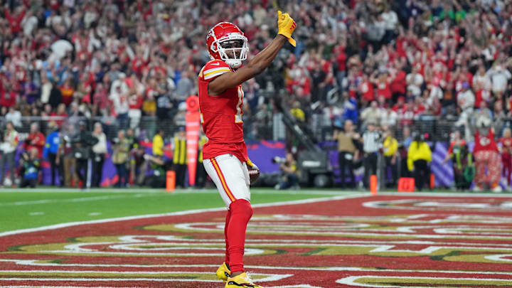 Feb 11, 2024; Paradise, Nevada, USA; Kansas City Chiefs wide receiver Marquez Valdes-Scantling (11) reacts after scoring a touchdown against the San Francisco 49ers during the third quarter of Super Bowl LVIII at Allegiant Stadium. Mandatory Credit: Kirby Lee-Imagn Images