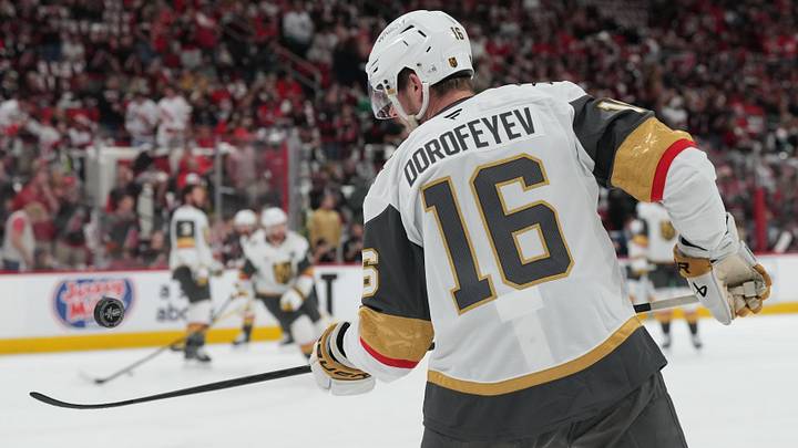 Jun 4, 2026; Raleigh, North Carolina, USA; Vegas Golden Knights right wing Pavel Dorofeyev (16) warms up before a game against the Carolina Hurricanes in game two of the 2026 Stanley Cup Final at Lenovo Center. Mandatory Credit: James Guillory-Imagn Images