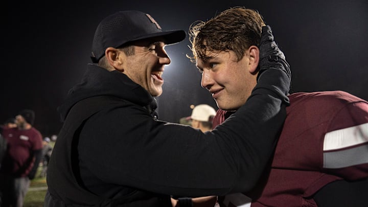 New York Giants General Manager Joe Schoen congratulates his son Carson Schoen (17) after their 31-17 victory during Non-Public, Group A semifinal football game between Don Bosco and Bergen Catholic at Granatell Stadium in Ramsey on Friday, Nov. 21, 2025. Don Bosco moves on to play a state championship game at MetLife Stadium.