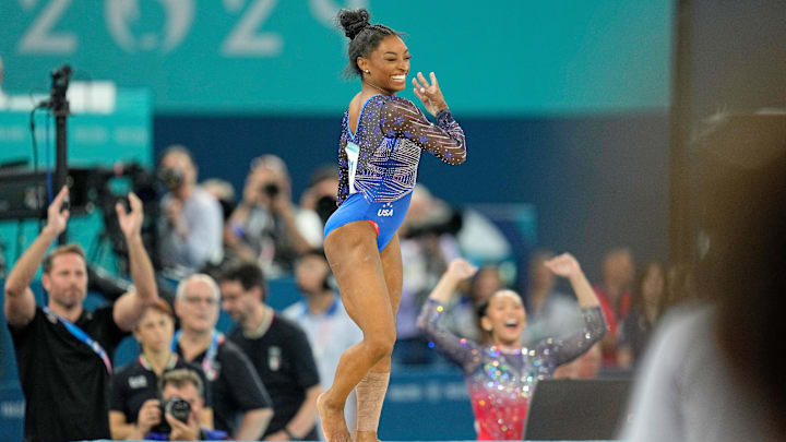 Simone Biles of the United States reacts after competing on the floor exercise in the women's gymnastics all-around during the Paris 2024 Olympic Summer Games.