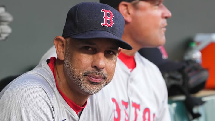  Boston Red Sox manager Alex Cora (left) and coach Andy Fox (right) prior to the game against the Baltimore Orioles at Oriole Park at Camden Yards.