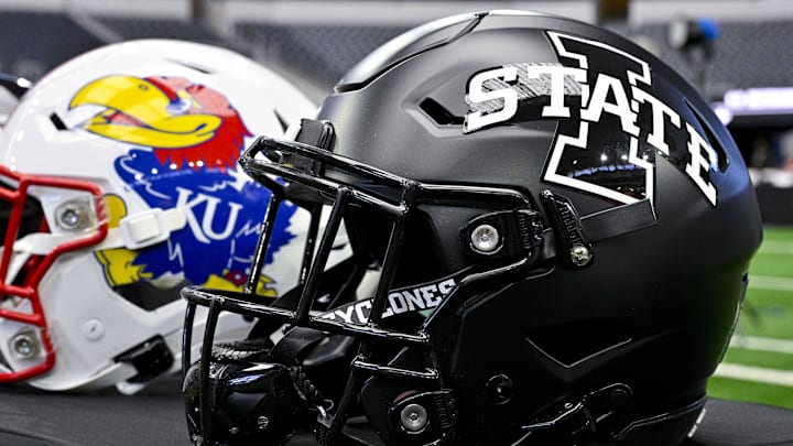 Jul 12, 2023; Arlington, TX, USA; A view of the Iowa State Cyclones helmet and logo during Big 12 football media day at AT&T Stadium. Jul 12, 2023; Arlington, TX, USA; A view of the Iowa State Cyclones helmet and logo during Big 12 football media day at AT&T Stadium.