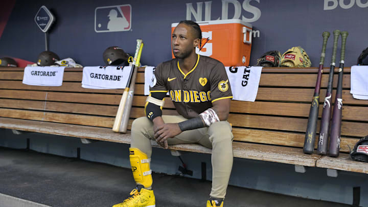 Oct 11, 2024; Los Angeles, California, USA; San Diego Padres outfielder Jurickson Profar (10) looks on before game five against the Los Angeles Dodgers in the NLDS for the 2024 MLB Playoffs at Dodger Stadium. Oct 11, 2024; Los Angeles, California, USA; San Diego Padres outfielder Jurickson Profar (10) looks on before game five against the Los Angeles Dodgers in the NLDS for the 2024 MLB Playoffs at Dodger Stadium.