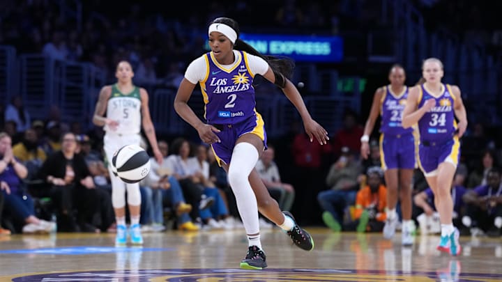 Jun 17, 2025; Los Angeles, California, USA; LA Sparks forward Rickea Jackson (2) pursues the ball in the first half against the Seattle Storm at Crypto.com Arena. Mandatory Credit: Kirby Lee-Imagn Images
