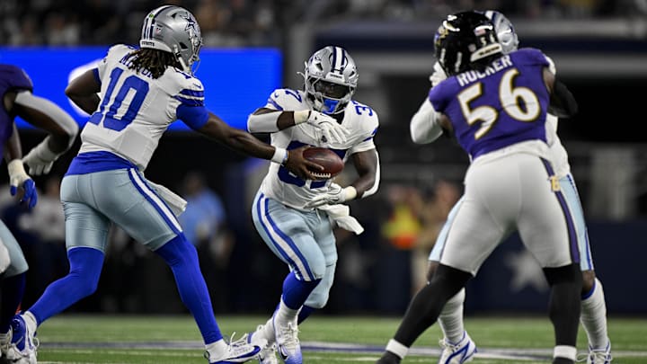 Dallas Cowboys quarterback Joe Milton III and running back Phil Mafah during the game against the Baltimore Ravens.