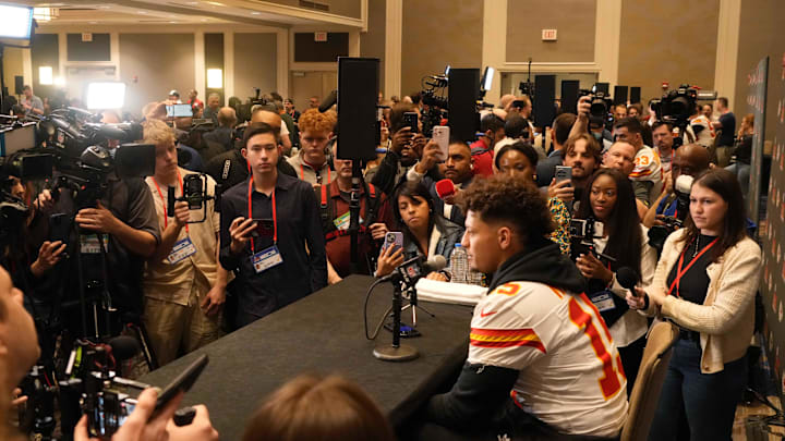 Feb 4, 2025; New Orleans, LA, USA;  Kansas City Chiefs quarterback Patrick Mahomes (15) is interviewed at a press conference in advance of Super Bowl LIX at New Orleans Marriott. Mandatory Credit: Kirby Lee-Imagn Images