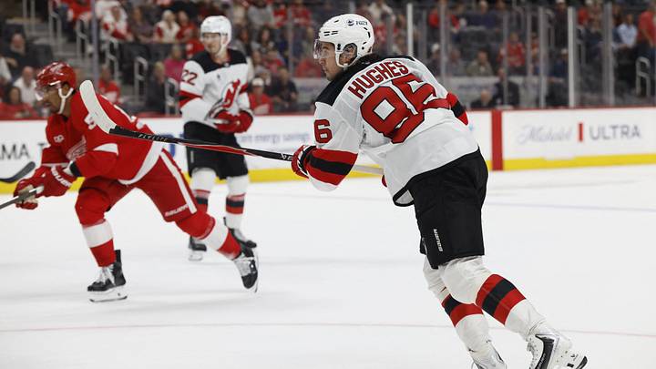 New Jersey Devils center Jack Hughes (86) takes a shot in the first period against the Detroit Red Wings at Little Caesars Arena. Mandatory Credit: Rick Osentoski-Imagn Images New Jersey Devils center Jack Hughes (86) takes a shot in the first period against the Detroit Red Wings at Little Caesars Arena. Mandatory Credit: Rick Osentoski-Imagn Images