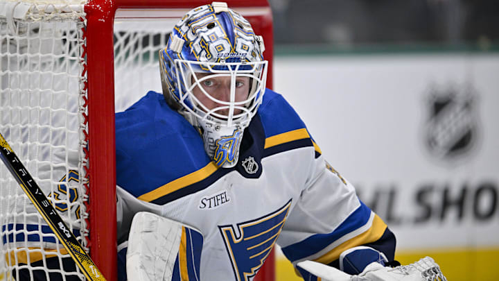 Mar 2, 2025; Dallas, Texas, USA; St. Louis Blues goaltender Jordan Binnington (50) faces the Dallas Stars attack during the second period at the American Airlines Center. Mandatory Credit: Jerome Miron-Imagn Images