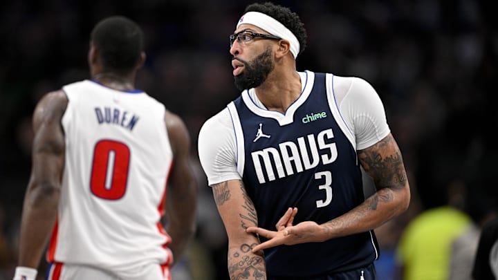 Dec 18, 2025; Dallas, Texas, USA; Dallas Mavericks forward Anthony Davis (3) celebrates after making a three point basket against the Detroit Pistons during the second half at the American Airlines Center. Mandatory Credit: Jerome Miron-Imagn Images