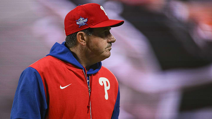 Apr 7, 2026; San Francisco, California, USA; Philadelphia Phillies manager Rob Thomson (49) walks off the mound during the fifth inning of the game against the San Francisco Giants at Oracle Park. 