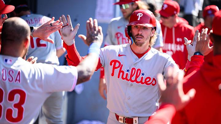 May 31, 2026; Los Angeles, California, USA; Philadelphia Phillies second baseman Bryson Stott (5) is greeted by teammates after hitting a home run during the ninth inning against the Los Angeles Dodgers at Dodger Stadium. May 31, 2026; Los Angeles, California, USA; Philadelphia Phillies second baseman Bryson Stott (5) is greeted by teammates after hitting a home run during the ninth inning against the Los Angeles Dodgers at Dodger Stadium.