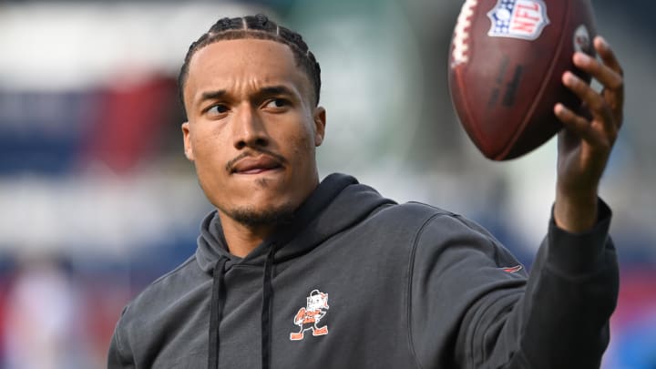 Aug 3, 2023; Canton, Ohio, USA; Cleveland Browns quarterback Kellen Mond warms up before the game
