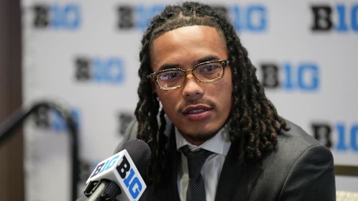 Jul 24, 2025; Las Vegas, NV, USA; USC wide receiver Makai Lemon speaks to the media during the Big Ten NCAA college football media days at Mandalay Bay Resort. Mandatory Credit: Lucas Peltier-Imagn Images