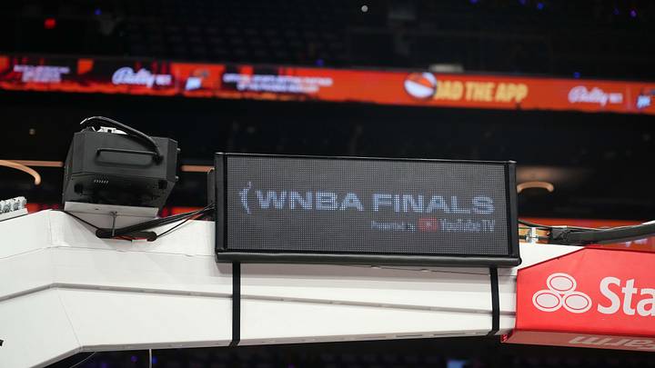 Oct 10, 2025; Phoenix, Arizona, USA; WNBA Finals signage before game four of the 2025 WNBA Finals between the Phoenix Mercury and the Las Vegas Aces at Mortgage Matchup Center. Mandatory Credit: Joe Camporeale-Imagn Images