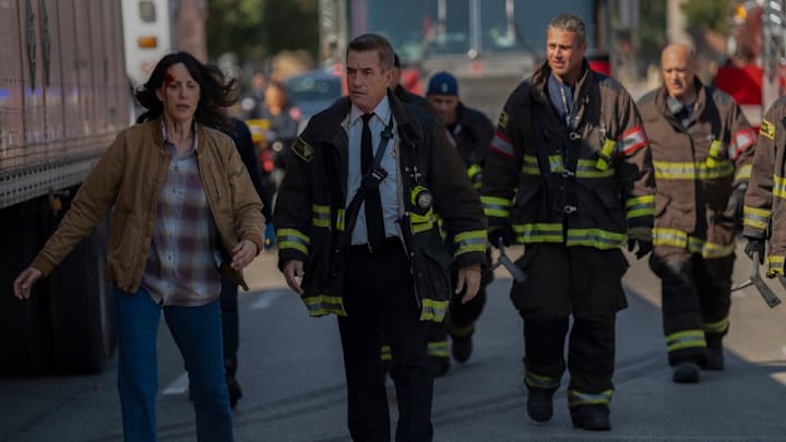 CHICAGO FIRE -- "Down The Rabbit Hole" Episode 13005 -- Pictured: (l-r) Dermot Mulroney as Chief Dom Pascal, Taylor Kinney as Kelly Severide