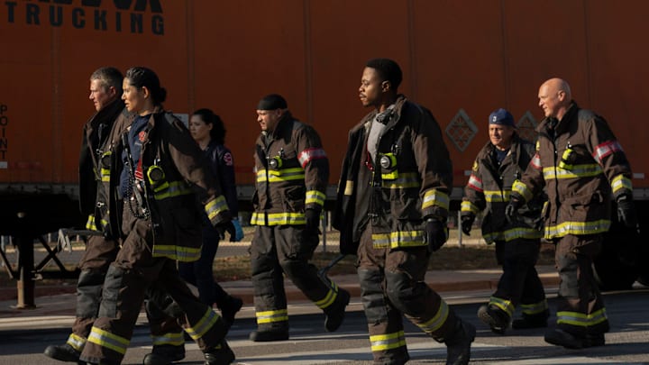 CHICAGO FIRE -- "Down The Rabbit Hole" Episode 13005 -- Pictured: (l-r) Taylor Kinney as Kelly Severide, Miranda Rae Mayo as Stella Kidd, Hanako Greensmith as Violet Mikami, Joe Miñoso as Joe Cruz, Daniel Kyri as Darren Ritter, Anthony Ferraris as Tony Ferraris, Randy Flagler as Harold Capp