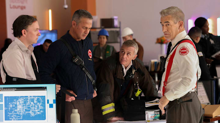 CHICAGO MED -- "In The Trenches: Part II" Episode 1011 -- Pictured: (l-r) Taylor Kinney as Kelly Severide, David Eigenberg as Christopher Herrmann, Dermot Mulroney as Chief Dom Pascal -- (Photo by: George Burns Jr/NBC)