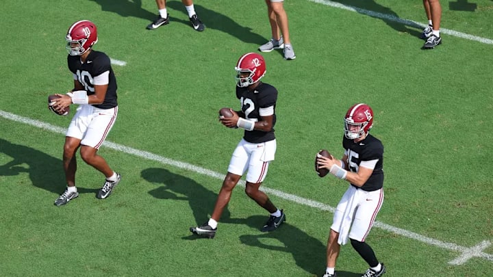 8/14/25 MFB Fall Camp Practice 13 Alabama Quarterback Austin Mack (10) Alabama Quarterback Keelon Russell (12) Alabama Quarterback Ty Simpson (15)