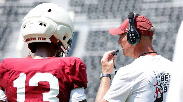 8/9/26 MFB Fall Camp Practice 4 Alabama Defensive Back Ivan Taylor (13) Alabama Football Head Coach Kalen DeBoer Photo by Kent Gidley 8/9/26 MFB Fall Camp Practice 4 Alabama Defensive Back Ivan Taylor (13) Alabama Football Head Coach Kalen DeBoer Photo by Kent Gidley