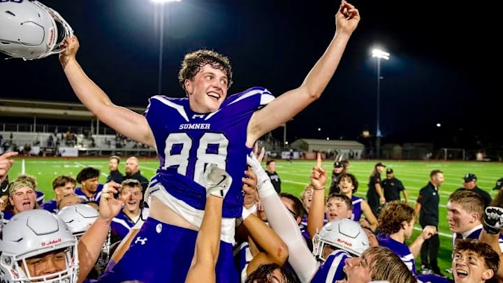 Sumner kicker Austin Ferencz is carried off the field after booting the game winning field goal in overtime in Spartans' wild win over Lake Stevens. Sumner kicker Austin Ferencz is carried off the field after booting the game winning field goal in overtime in Spartans' wild win over Lake Stevens.