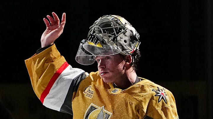 Dec 2, 2025; Las Vegas, Nevada, USA; Vegas Golden Knights goaltender Carter Hart (79) is named Third Star of the Game after the Golden Knights defeated the Chicago Blackhawks 4-3 in a shoot out at T-Mobile Arena. Mandatory Credit: Stephen R. Sylvanie-Imagn Images