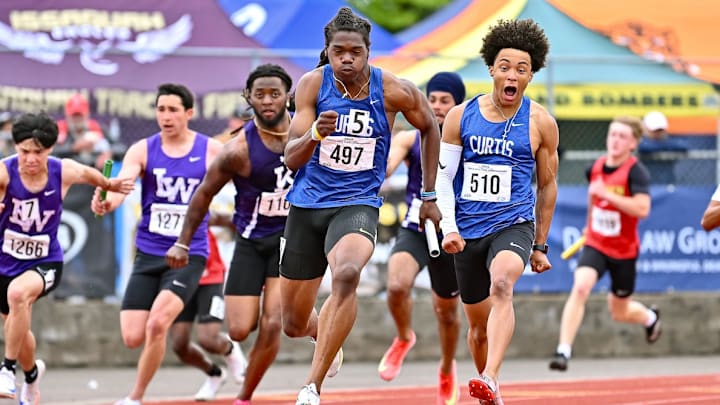 Curtis runners know they're headed to a WIAA Class 4A championship in the 4x100 relay Saturday. Curtis runners know they're headed to a WIAA Class 4A championship in the 4x100 relay Saturday.