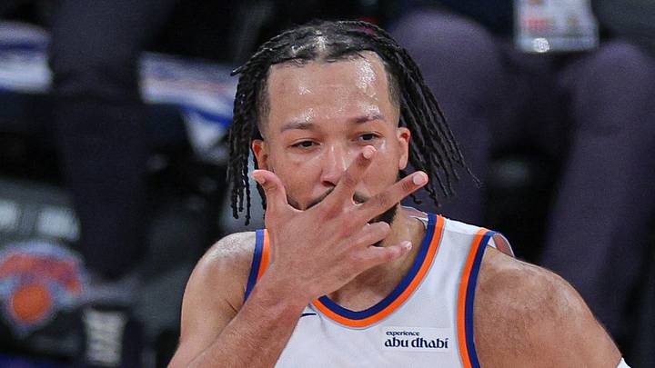 Jun 8, 2026; New York, New York, USA; New York Knicks guard Jalen Brunson (11) reacts after making a three point basket during game three of the 2026 NBA Finals against the San Antonio Spurs at Madison Square Garden. Mandatory Credit: Vincent Carchietta-Imagn Images