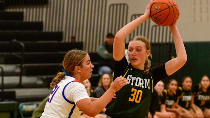 Sauk Rapids girls basketball junior Megan Anderson plays during a game against the St. Cloud Crush on Dec. 6, 2024 at Sauk Rapids High School. The Storm lost 70-51.