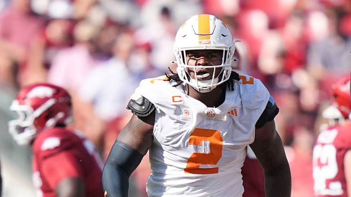 Tennessee defensive back TJ Metcalf (1) celebrates with defensive lineman Xavier Gilliam (2) after Gilliam sacked Arkansas quarterback KJ Jackson (7) during a college football game at Donald W. Reynolds Razorback Stadium in Fayetteville, Ark., on Oct. 10, 2026. Tennessee defensive back TJ Metcalf (1) celebrates with defensive lineman Xavier Gilliam (2) after Gilliam sacked Arkansas quarterback KJ Jackson (7) during a college football game at Donald W. Reynolds Razorback Stadium in Fayetteville, Ark., on Oct. 10, 2026.