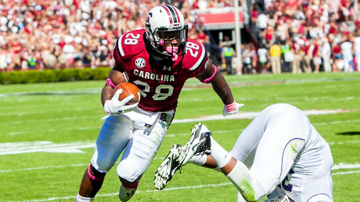 Oct 18, 2014; Columbia, SC, USA; South Carolina Gamecocks running back Mike Davis (28) leaves behind Furman Paladins defensive end Gary Wilkins (35) on his way to a touchdown in the first quarter at Williams-Brice Stadium. Mandatory Credit: Jeff Blake-Imagn Images